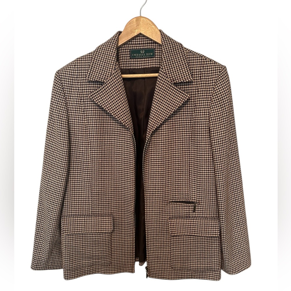 Vintage Embassy Row Brown Plaid Wool Blazer Zip Jacket Women’s Size 12